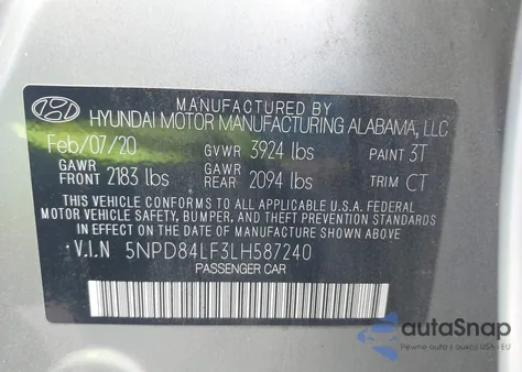 2020 Hyundai Elantra Sel z USA, uszkodzony, nr VIN 5NPD84LF3LH587240